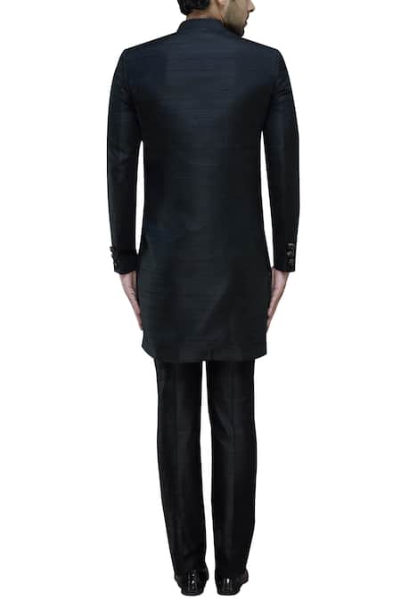 Shop Manish Nagdeo Black Silk Embroidered Sherwani With Trousers at Aza Fashions Shop_Manish Nagdeo_Black Silk Embroidered Sherwani With Trousers _at_Aza_Fashions