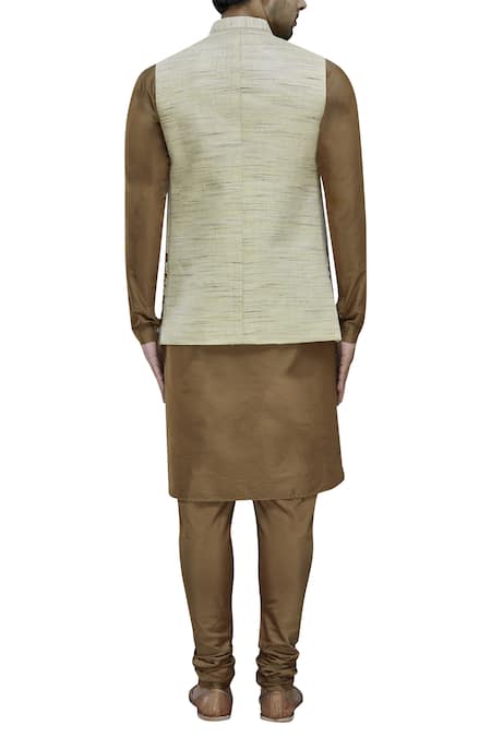 Shop_Manish Nagdeo_Beige Cotton Silk Bundi Kurta Set _at_Aza_Fashions