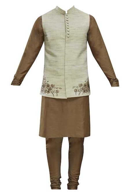 Buy_Manish Nagdeo_Beige Cotton Silk Bundi Kurta Set _Online_at_Aza_Fashions