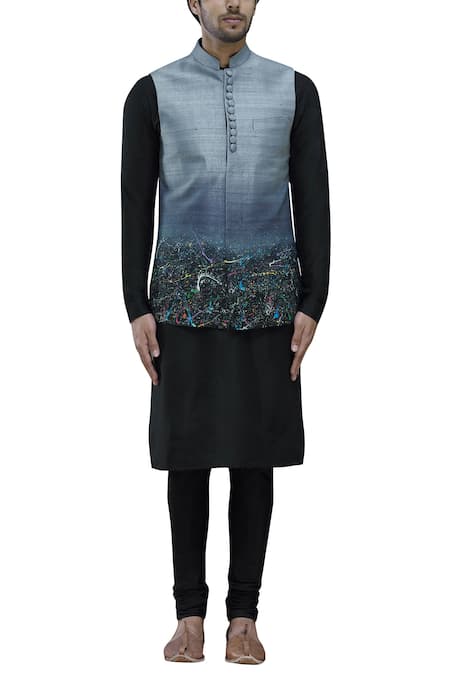 Manish Nagdeo_Black Silk Bundi Kurta Set_Online_at_Aza_Fashions