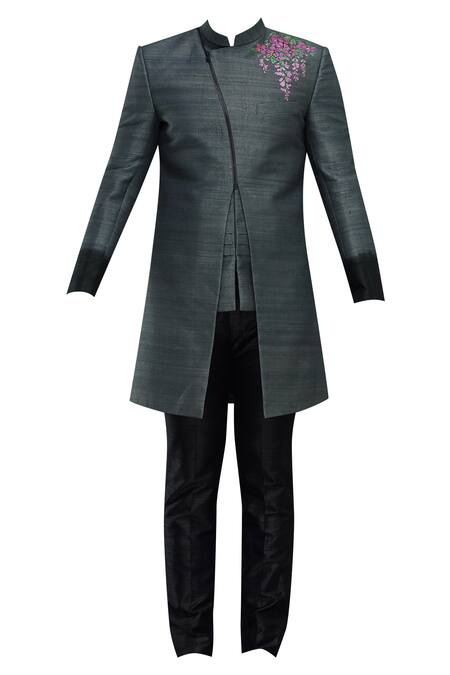 Buy_Manish Nagdeo_Black Silk Sherwani With Trousers_Online_at_Aza_Fashions