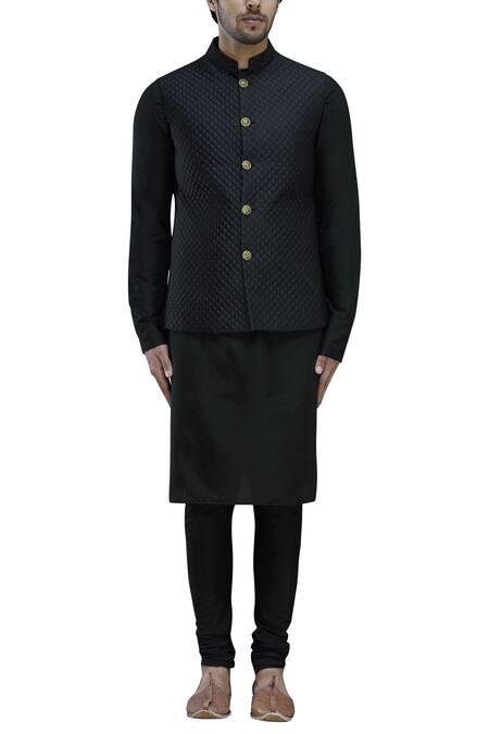 Manish Nagdeo_Black Silk Bundi Kurta Set _Online_at_Aza_Fashions