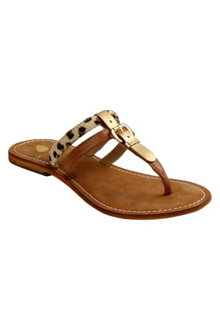 Sole Fry Brown Textured T-strap Flat Sandals 