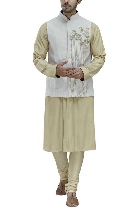 Ekam By Manish Beige Linen Embroidered Bundi 