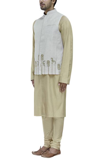 Shop_Ekam By Manish_Beige Linen Embroidered Bundi_Online_at_Aza_Fashions