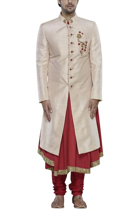 Nitesh Singh Chauhan_Beige Raw Silk Embroidered Sherwani Set _Online_at_Aza_Fashions