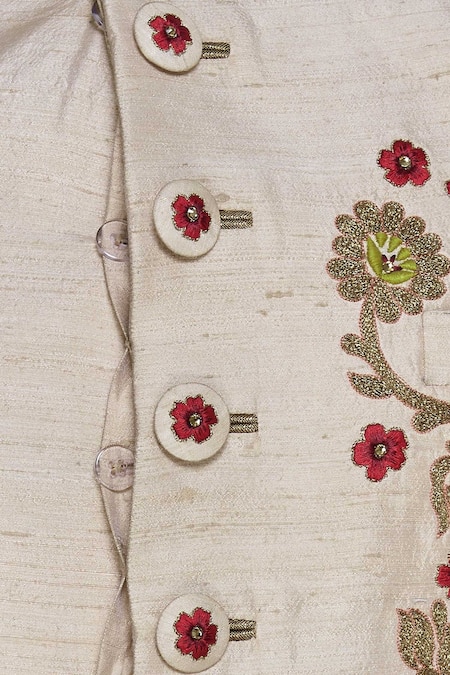 Nitesh Singh Chauhan_Beige Raw Silk Embroidered Sherwani Set _at_Aza_Fashions