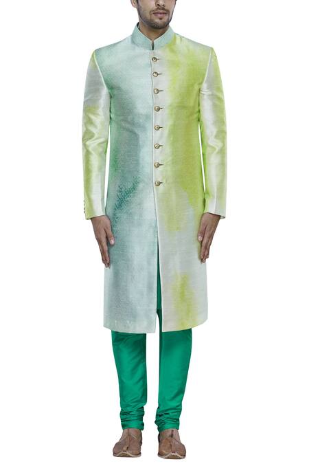 Nitesh Singh Chauhan Green Button Front Sherwani Set Online at Aza Fashions Nitesh Singh Chauhan_Green Button Front Sherwani Set _Online_at_Aza_Fashions