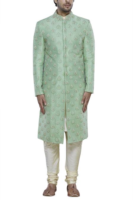 Nitesh Singh Chauhan_Green Raw Silk Embroidered Sherwani Set _Online_at_Aza_Fashions