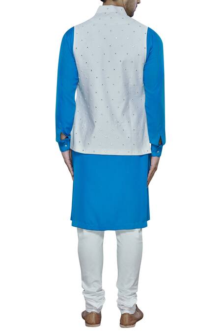 Shop Nitesh Singh Chauhan Blue Artificial Silk Embroidered Bundi Kurta Set at Aza Fashions Shop_Nitesh Singh Chauhan_Blue Artificial Silk Embroidered Bundi Kurta Set _at_Aza_Fashions