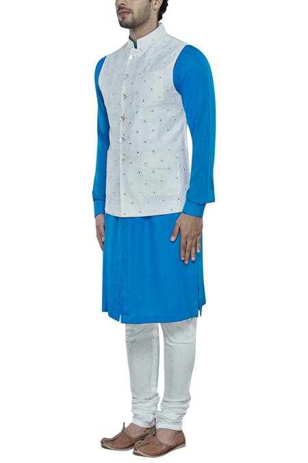 Nitesh Singh Chauhan Blue Artificial Silk Embroidered Bundi Kurta Set Online at Aza Fashions Nitesh Singh Chauhan_Blue Artificial Silk Embroidered Bundi Kurta Set _Online_at_Aza_Fashions