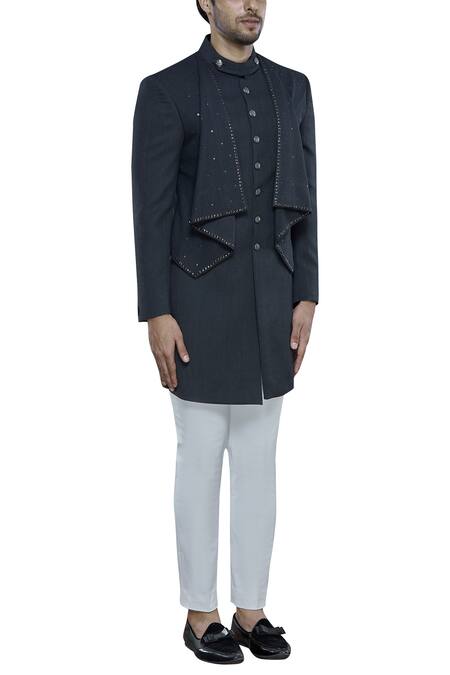 Nitesh Singh Chauhan Black Imported Terry Rayon Draped Sherwani Online at Aza Fashions Nitesh Singh Chauhan_Black Imported Terry Rayon Draped Sherwani _Online_at_Aza_Fashions