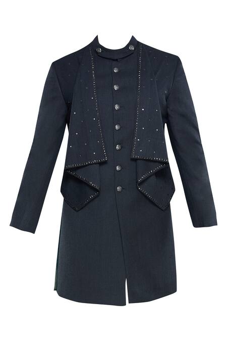 Shop Nitesh Singh Chauhan Black Imported Terry Rayon Draped Sherwani Online at Aza Fashions Shop_Nitesh Singh Chauhan_Black Imported Terry Rayon Draped Sherwani _Online_at_Aza_Fashions