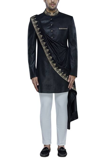 Nitesh Singh Chauhan Black Imported Suede Draped Sherwani Set Online at Aza Fashions Nitesh Singh Chauhan_Black Imported Suede Draped Sherwani Set _Online_at_Aza_Fashions