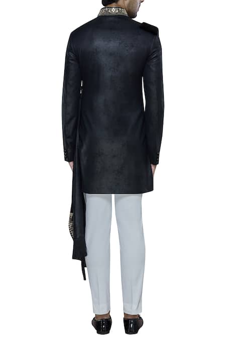 Shop Nitesh Singh Chauhan Black Imported Suede Draped Sherwani Set at Aza Fashions Shop_Nitesh Singh Chauhan_Black Imported Suede Draped Sherwani Set _at_Aza_Fashions