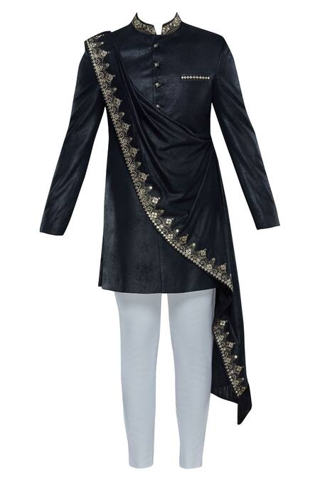 Buy Nitesh Singh Chauhan Black Imported Suede Draped Sherwani Set Online at Aza Fashions Buy_Nitesh Singh Chauhan_Black Imported Suede Draped Sherwani Set _Online_at_Aza_Fashions