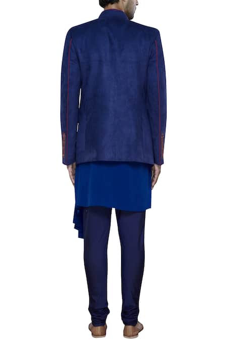 Shop Nitesh Singh Chauhan Blue Imported Suede Button Front Bandhgala Set at Aza Fashions Shop_Nitesh Singh Chauhan_Blue Imported Suede Button Front Bandhgala Set _at_Aza_Fashions
