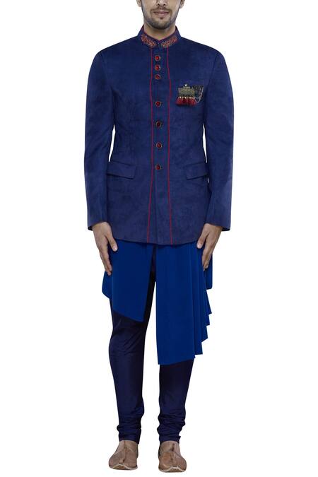 Nitesh Singh Chauhan Blue Imported Suede Button Front Bandhgala Set Online at Aza Fashions Nitesh Singh Chauhan_Blue Imported Suede Button Front Bandhgala Set _Online_at_Aza_Fashions