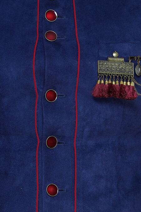 Nitesh Singh Chauhan Blue Imported Suede Button Front Bandhgala Set at Aza Fashions Nitesh Singh Chauhan_Blue Imported Suede Button Front Bandhgala Set _at_Aza_Fashions