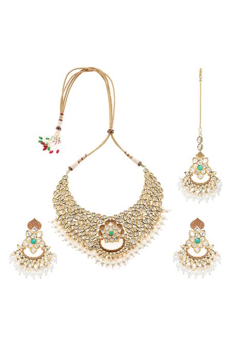Shop_Minaki_Gold Plated Stone Kundan Choker Set_at_Aza_Fashions