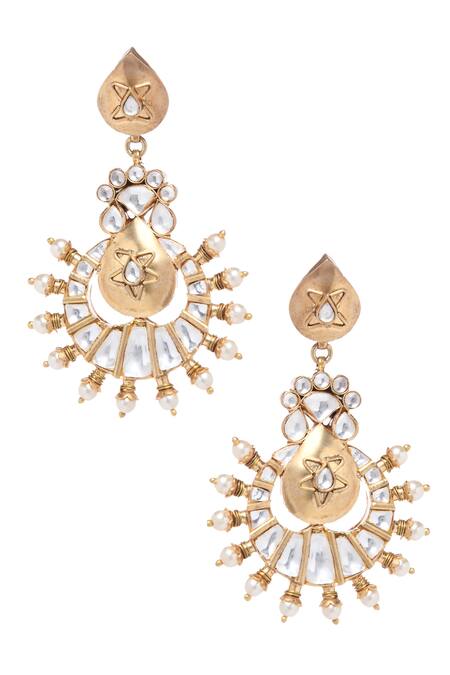 Shop_Minaki_Gold Plated Polki Stones Chandbalis_at_Aza_Fashions