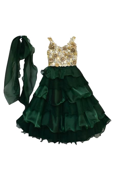 Fayon Kids_Beige Organza, Chiffon Embroidery Floral Applique Lehenga Set _Online_at_Aza_Fashions