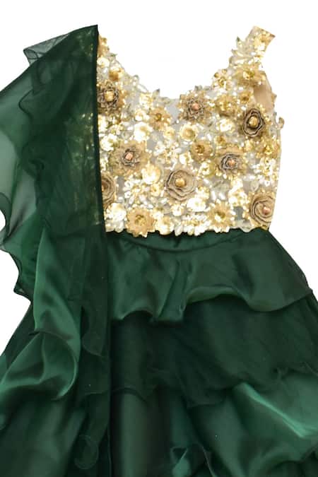 Buy_Fayon Kids_Beige Organza, Chiffon Embroidery Floral Applique Lehenga Set _Online_at_Aza_Fashions