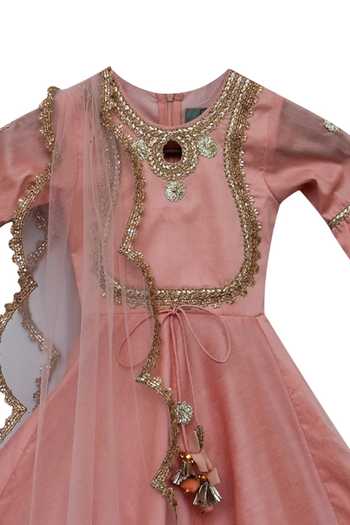 FAYON KIDS_Peach Cotton, Silk, Net Embroidery, Tassels Anarkali Kurta Set _Online_at_Aza_Fashions