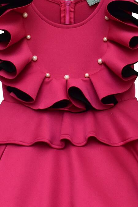 Fayon Kids_Pink Lycra Pearls Ruffled Dress _Online_at_Aza_Fashions