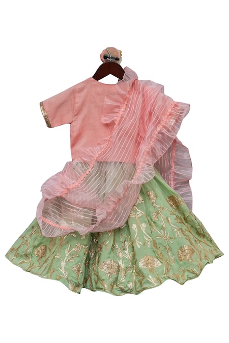 Shop Fayon Kids Peach Cotton, Organza Sequins Embroidered Lehenga Set at Aza Fashions Shop_Fayon Kids_Peach Cotton, Organza Sequins Embroidered Lehenga Set _at_Aza_Fashions