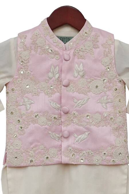 Fayon Kids Pink Cotton, Silk Embroidery, Sequins Floral Bundi Kurta Set Online at Aza Fashions Fayon Kids_Pink Cotton, Silk Embroidery, Sequins Floral Bundi Kurta Set _Online_at_Aza_Fashions