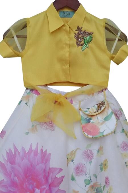 Fayon Kids_Yellow Organza Printed Top Skirt Set _Online_at_Aza_Fashions