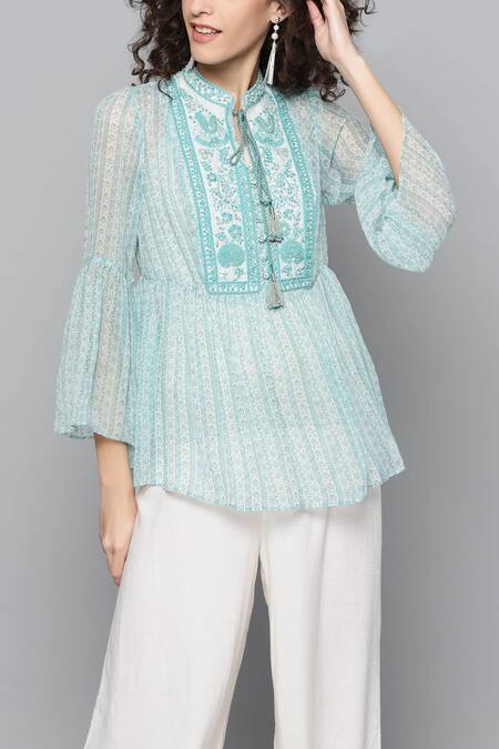 Ritu Kumar_Green Tunic Band Collar Camisole Round Printed_Online_at_Aza_Fashions