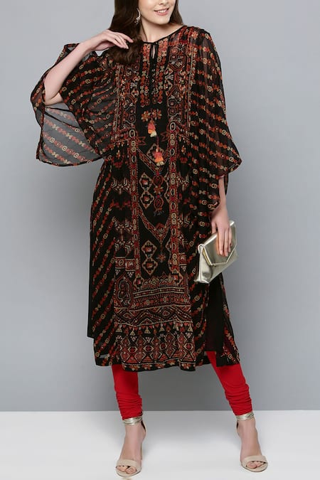 Ritu Kumar Black Viscose Round Printed Kaftan Tunic 