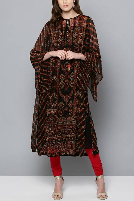 Ritu Kumar_Black Viscose Round Printed Kaftan Tunic_Online_at_Aza_Fashions