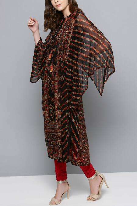 Shop_Ritu Kumar_Black Viscose Round Printed Kaftan Tunic_Online_at_Aza_Fashions