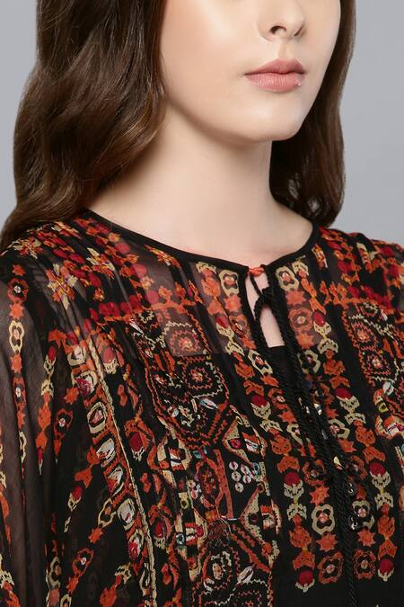 Ritu Kumar_Black Viscose Round Printed Kaftan Tunic_at_Aza_Fashions