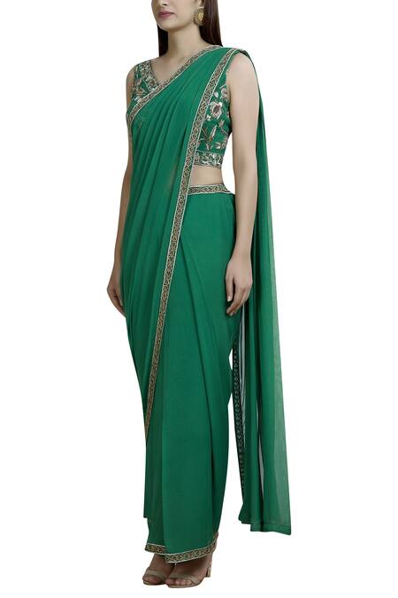 Buy Samatvam By Anjali Bhaskar Green Georgette Shantoon V-shaped Neckline Pre-draped Pant Saree Online at Aza Fashions Buy_Samatvam By Anjali Bhaskar_Green Georgette Shantoon V-shaped Neckline Pre-draped Pant Saree _Online_at_Aza_Fashions