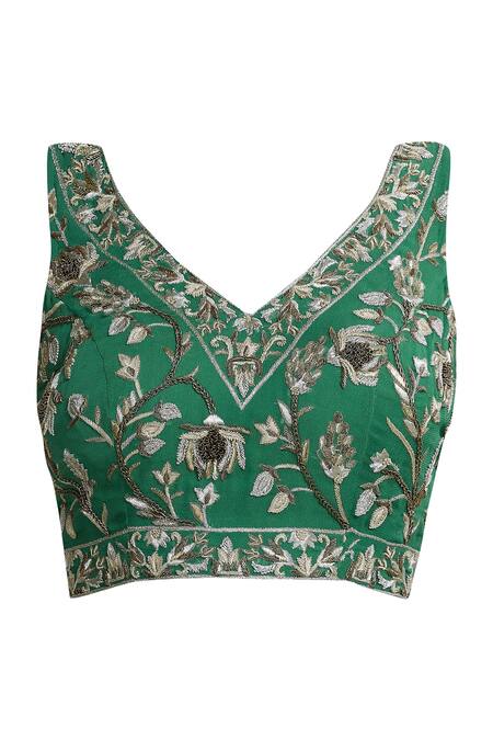 Shop Samatvam By Anjali Bhaskar Green Georgette Shantoon V-shaped Neckline Pre-draped Pant Saree Online at Aza Fashions Shop_Samatvam By Anjali Bhaskar_Green Georgette Shantoon V-shaped Neckline Pre-draped Pant Saree _Online_at_Aza_Fashions