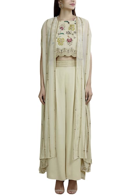 Samatvam By Anjali Bhaskar Off White Georgette Shantoon Crop Top Round Hand Embroidered Pant Set Online at Aza Fashions Samatvam By Anjali Bhaskar_Off White Georgette Shantoon Crop Top Round Hand Embroidered Pant Set _Online_at_Aza_Fashions