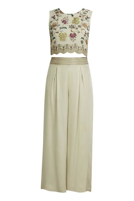 Shop Samatvam By Anjali Bhaskar Off White Georgette Shantoon Crop Top Round Hand Embroidered Pant Set Online at Aza Fashions Shop_Samatvam By Anjali Bhaskar_Off White Georgette Shantoon Crop Top Round Hand Embroidered Pant Set _Online_at_Aza_Fashions