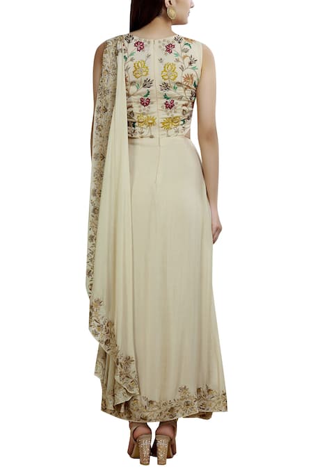 Shop_Samatvam By Anjali Bhaskar_Off White Crepe Shantoon V-shaped Neckline Embroidered Pre-draped Saree _at_Aza_Fashions