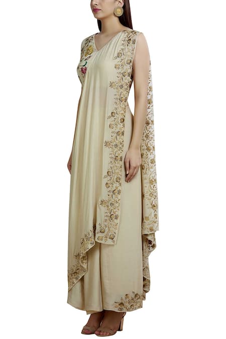 Buy_Samatvam By Anjali Bhaskar_Off White Crepe Shantoon V-shaped Neckline Embroidered Pre-draped Saree _Online_at_Aza_Fashions