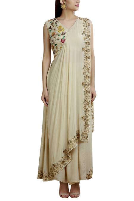 Shop_Samatvam By Anjali Bhaskar_Off White Crepe Shantoon V-shaped Neckline Embroidered Pre-draped Saree _Online_at_Aza_Fashions
