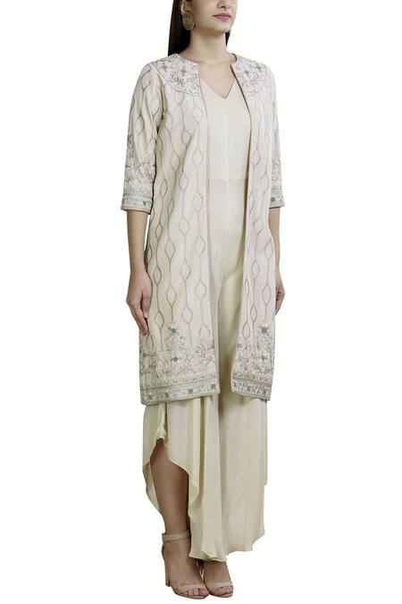 Samatvam By Anjali Bhaskar White Georgette, Habutai Silk Jumpsuit V Neck Jacket Round With Embroidered Online at Aza Fashions Samatvam By Anjali Bhaskar_White Georgette, Habutai Silk Jumpsuit V Neck Jacket Round With Embroidered _Online_at_Aza_Fashions