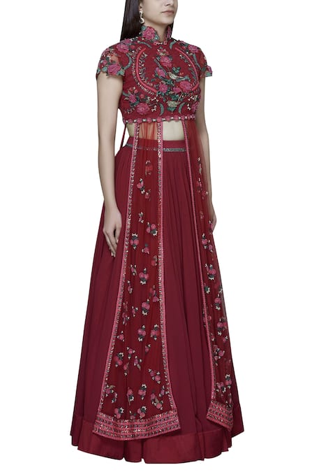 Abhishek Vermaa_Maroon Satin Embellished Kurta Lehenga Set_Online_at_Aza_Fashions