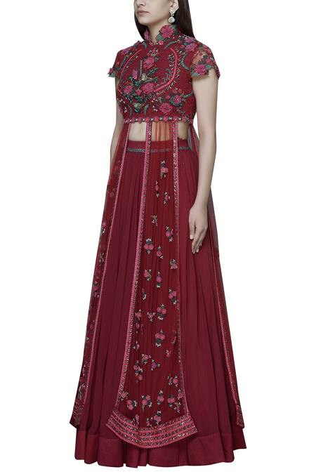 Buy_Abhishek Vermaa_Maroon Satin Embellished Kurta Lehenga Set_Online_at_Aza_Fashions