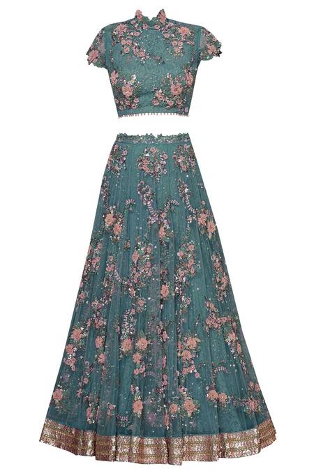 Buy_Abhishek Vermaa_Blue Lace Embellished Lehenga Set_Online_at_Aza_Fashions
