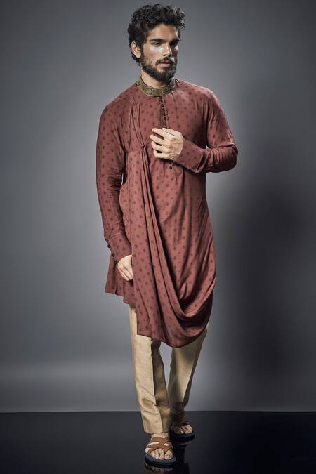Bubber Couture Brown Moga Silk Embroidered Draped Kurta Online at Aza Fashions Bubber Couture_Brown Moga Silk Embroidered Draped Kurta _Online_at_Aza_Fashions