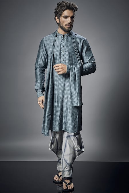 Bubber Couture Blue Raw Silk Printed Kurta Set Online at Aza Fashions Bubber Couture_Blue Raw Silk Printed Kurta Set _Online_at_Aza_Fashions